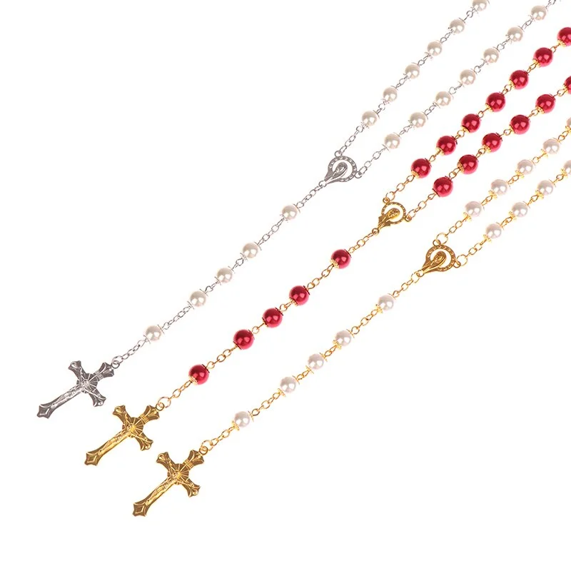 Catholic Pearl Long Chain Cross Necklace Rosary Cross Jesus Religious Jewelry