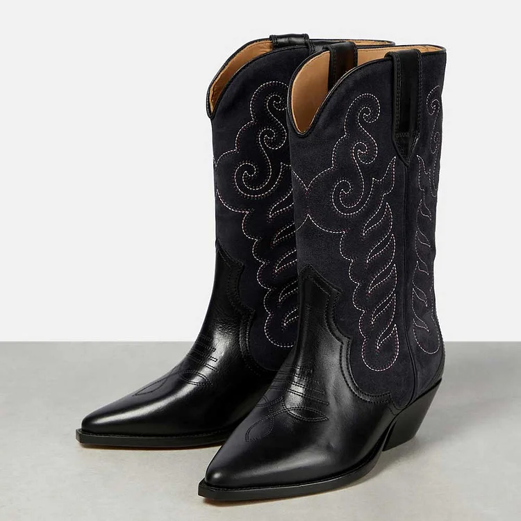 Black Pointed Toe Chunky Heel Embroidered Mid-Calf Cowgirl Boots |FSJ Shoes
