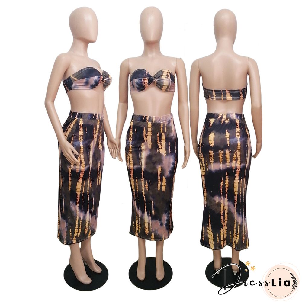 Summer Tie Dye Plus Size Fashion Clubwear Strapless Crop Top Maxi Skirts Women Sexy Two Piece Set
