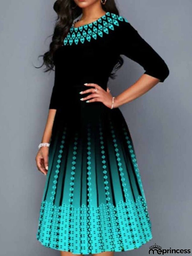 Work Dress Swing Dress Church Dress Midi Dress Red Royal Blue Blue 3/4 Length Sleeve Print Print Summer Spring Crew Neck Elegant S M L XL XXL 3XL 4XL 5XL for Women