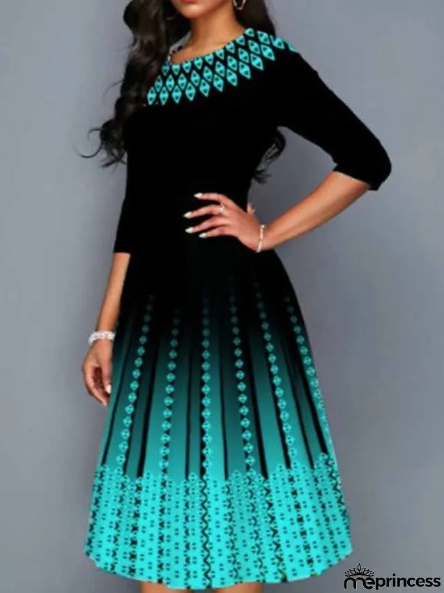 Work Dress Swing Dress Church Dress Midi Dress Red Royal Blue Blue 3/4 Length Sleeve Print Print Summer Spring Crew Neck Elegant S M L XL XXL 3XL 4XL 5XL for Women