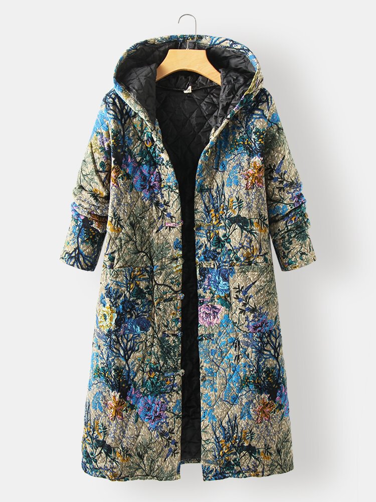 Vintage Flower Printed Long Sleeve Hooded Casual Coat For Women - BlackFridayBuys