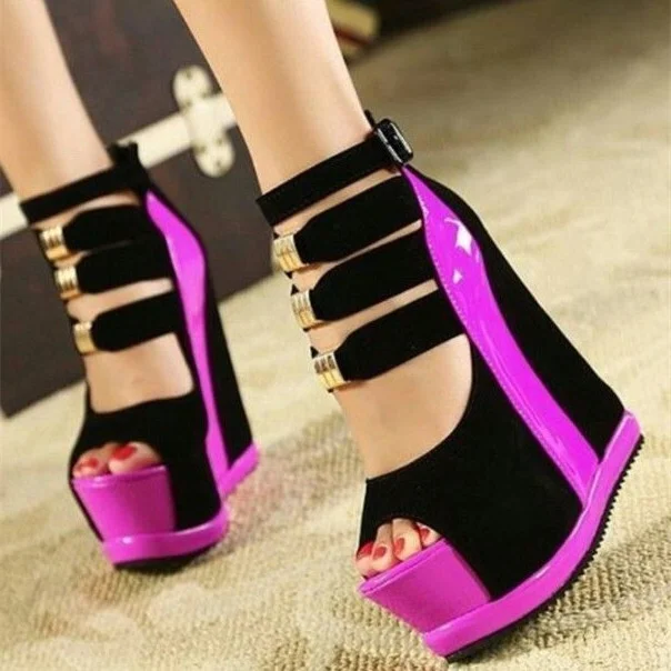 Black and Purple Suede Wedge Peep Toe Ankle Strap Platform Sandals Vdcoo