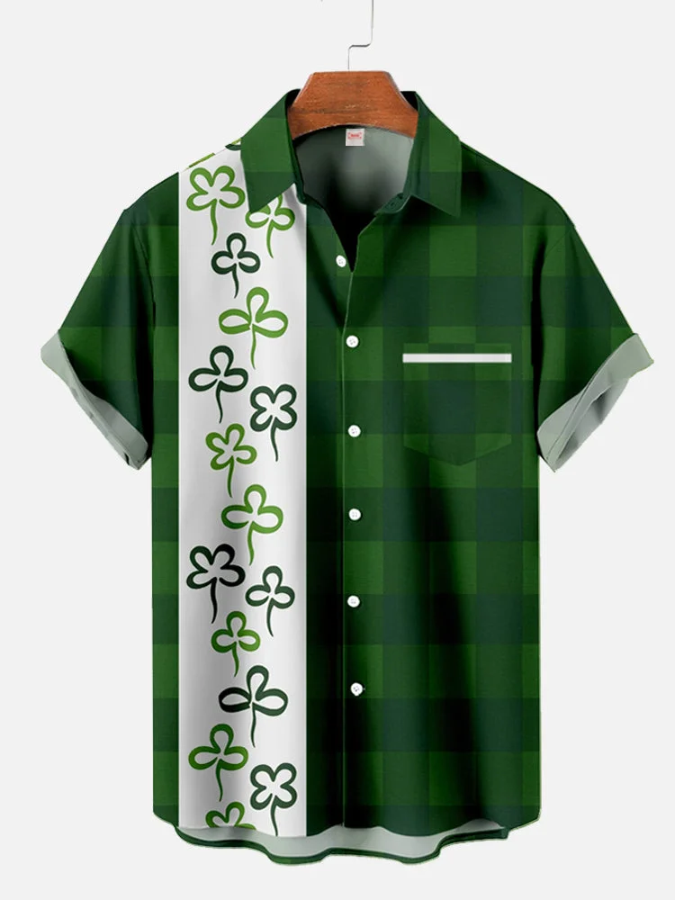 St. Patrick'S Day Green Lattice And White Stripe Stitching Shamrock Printing Short Sleeve Shirt