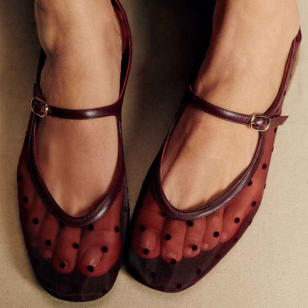 Mesh Square Toe Flat Polka Dot Mary Jane Shoes for Women in Maroon
