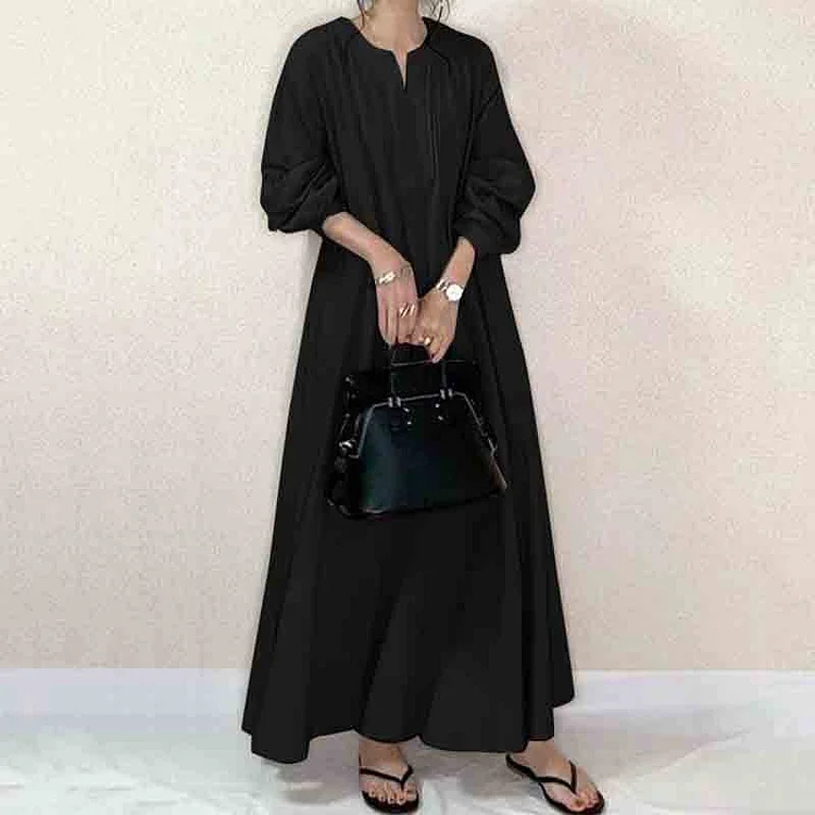 Vintage Plain V Neck Long Sleeve Maxi Dress