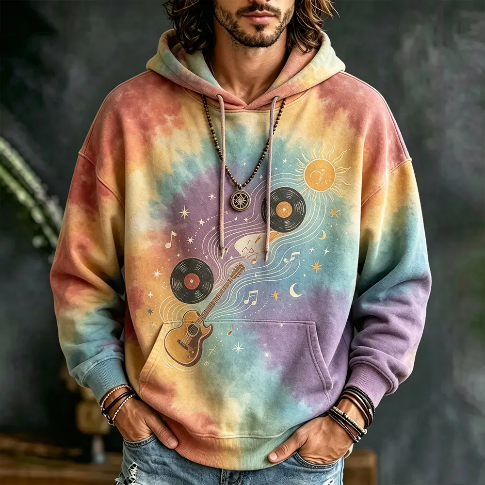 Men's Tie-dye Pullover Hoodie Sweatshirt With Sun, Vinyl Records, And Guitar Music Art Print  artssus