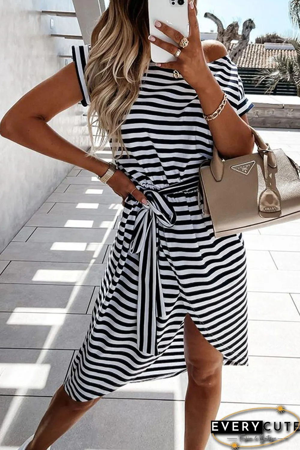 Black Stripe Short Sleeve Belted Wrapped Hemline T-Shirt Dress