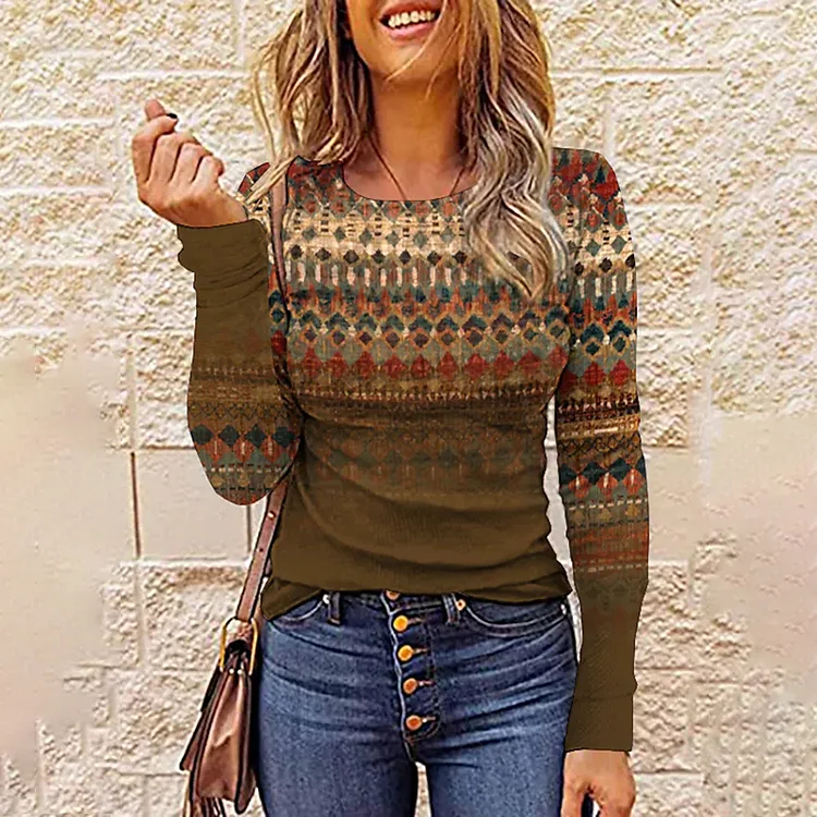 Western Tribal Printed Round Neck Long Sleeve T-Shirt