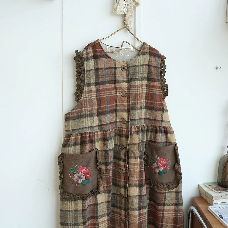 Queenfunky cottagecore style Warm Woolen Embroidered Plaid Sleeveless Dress QueenFunky