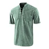 Men Gothic Retro T-Shirt Lace-up V-neck Linen Pocket Short Sleeve Tee Shirt Loose Tops