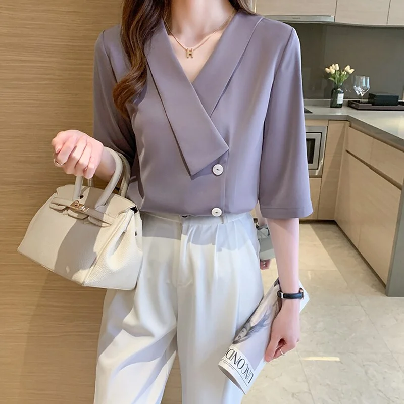 Office Lady Summer Chiffon Blouses 2022 New Korean Fashion Half Sleeve V-neck Shirts Women Tops Button Female Clothing 14759