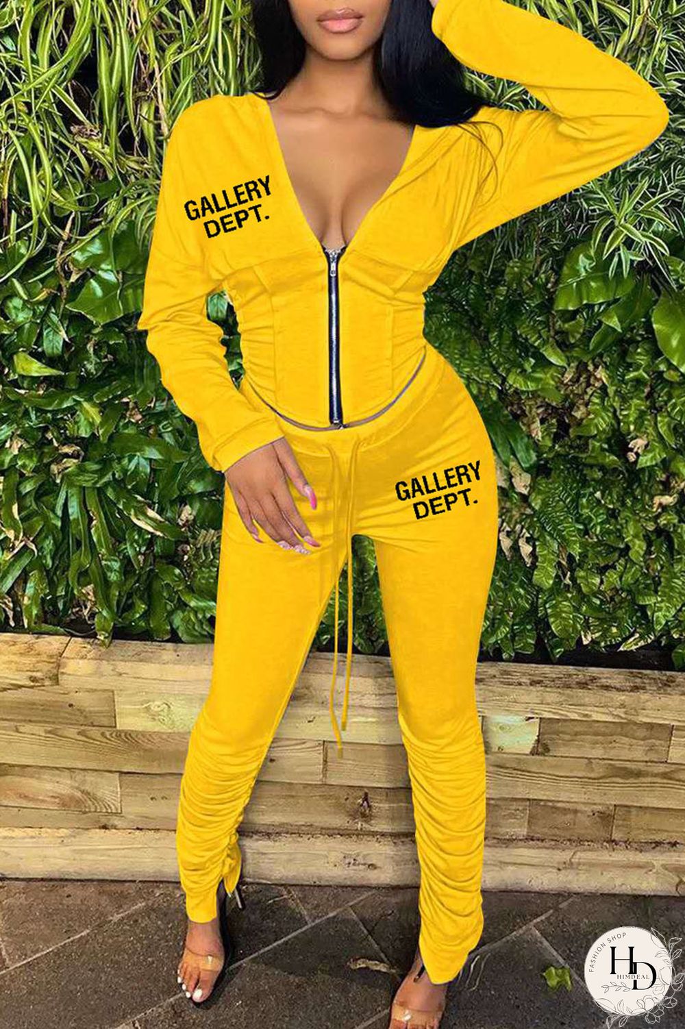 Yellow Casual Print Patchwork Fold Zipper Hooded Collar Long Sleeve Two Pieces