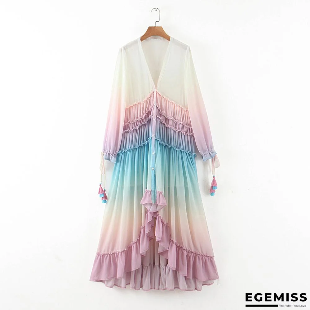 Deep V Long Sleeve Gradient Printed Dress Long Skirt | EGEMISS