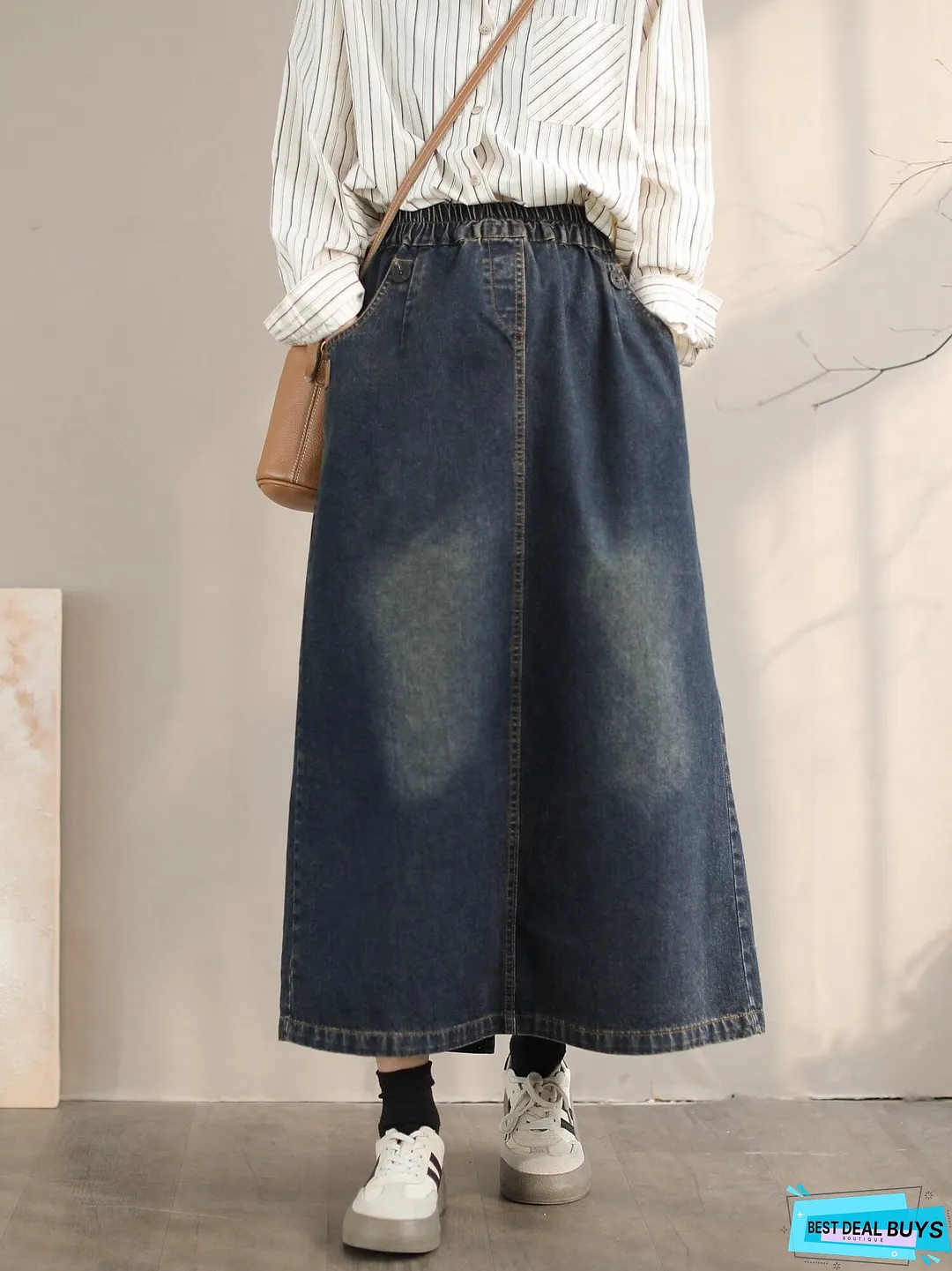 Women Spring Retro Casual A-Line Denim Skirt