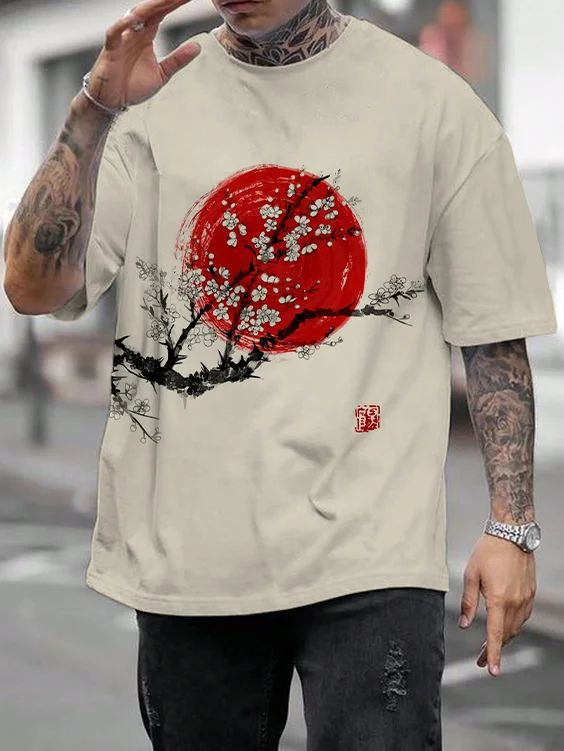 Men's Sunrise Plum Blossom Japanese Art Print Casual Short Sleeve T-Shirt