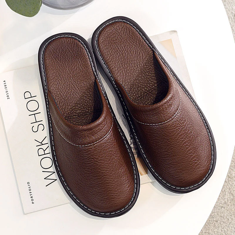 2021 Spring New Style PU Leather Slippers For Unisex Plus Size 47 48 Flat Home Slippers Men Indoor Leather Shoes Male Slides