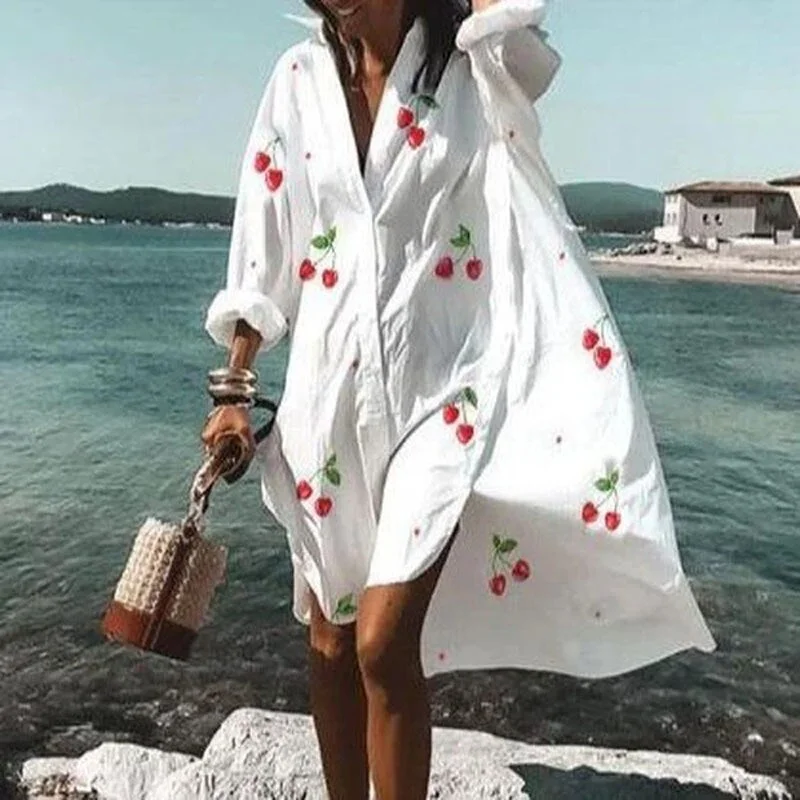 Women Buttons Shirt Dresses Autumn Elegant Floral Printed Long Sleeve Dress Ladies Casual Loose A-Line Beach Boho Dress Vestidos