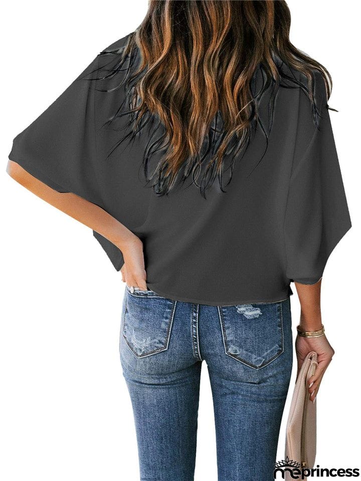 Feminine Flowy Style Cowl Neck Half Sleeve Lightweight Chiffon Pullover Tops
