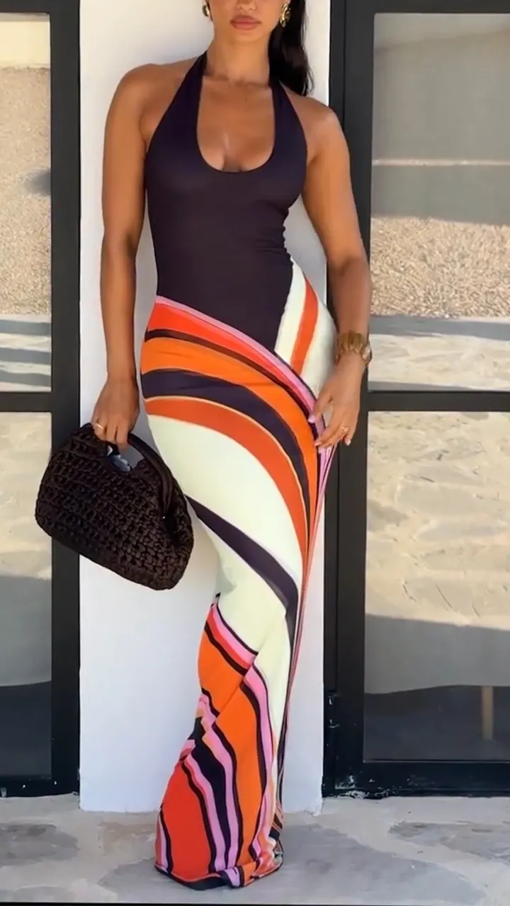 Women Neck Hanging Sleeveless Slim Fit Patchwork Printed Casual Vacation Style Dress