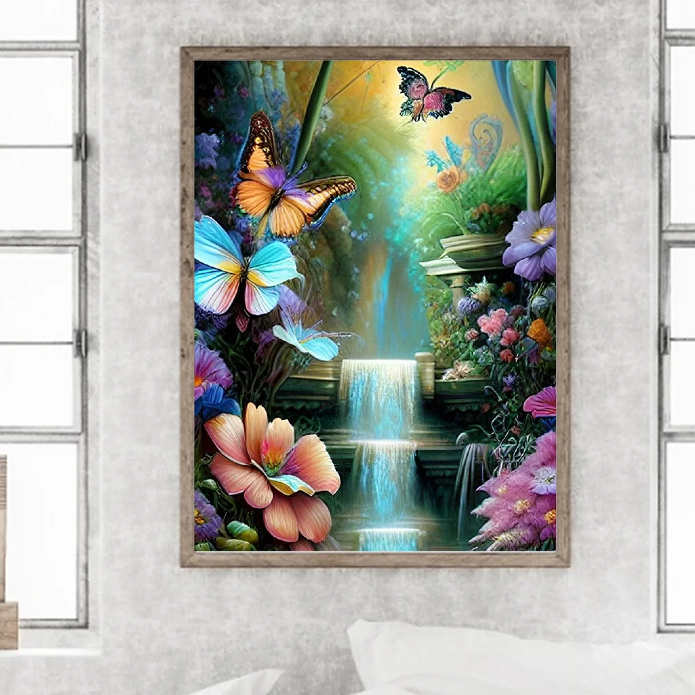 Diamond Painting - Full Round Drill - Flower Butterfly Waterfall(30*40cm)