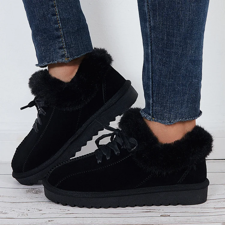 Warm Lace Up Flats Plush Faux Fur Lined Snow Ankle Boots