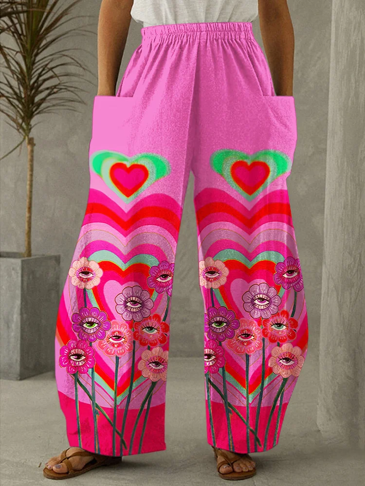 Women's Valentine's Day Flower Heart Print Casual Pants