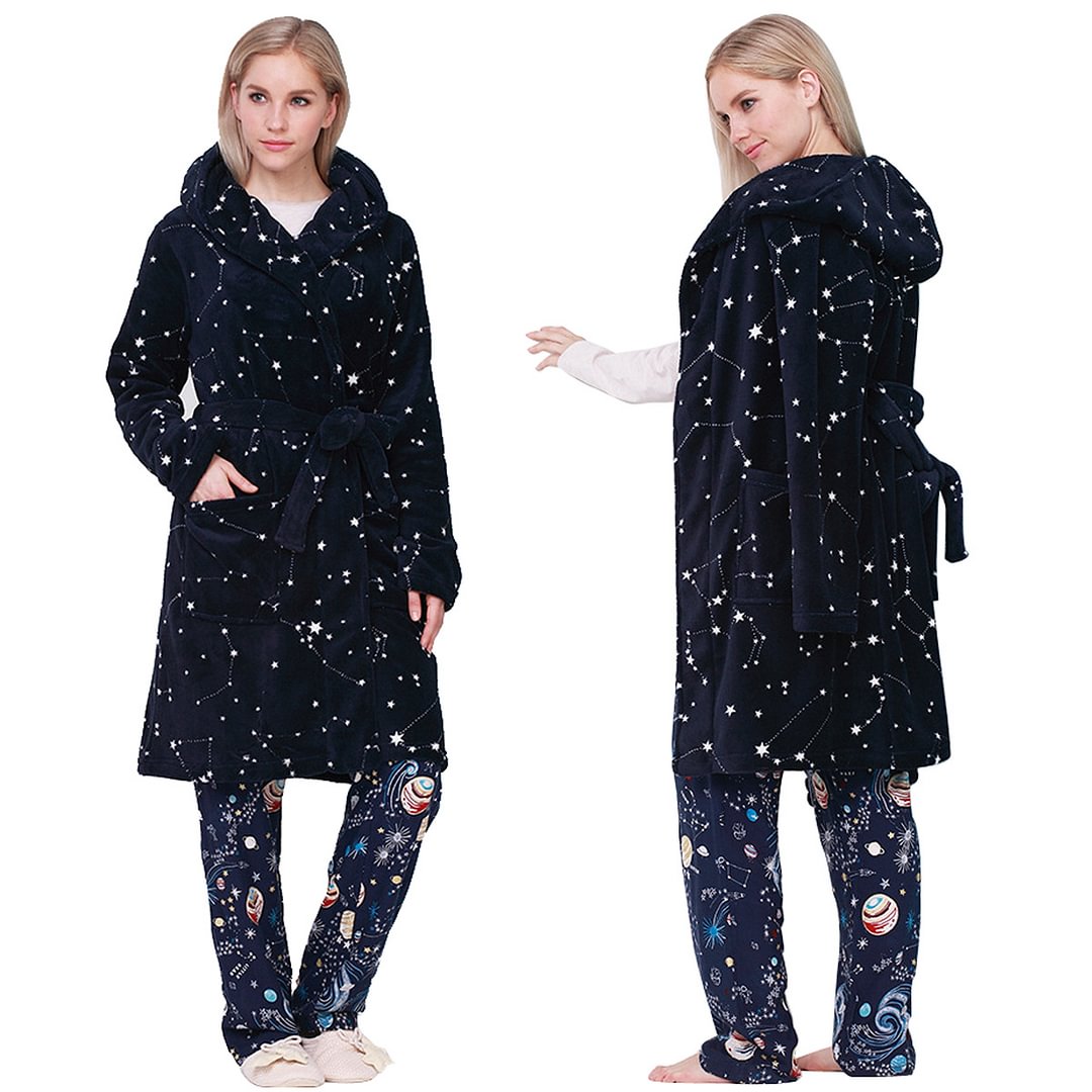 Ladies Nightwear Star Print Fleece Warm Dressing Gown Bath Robe Sizes-Pajamasbuy