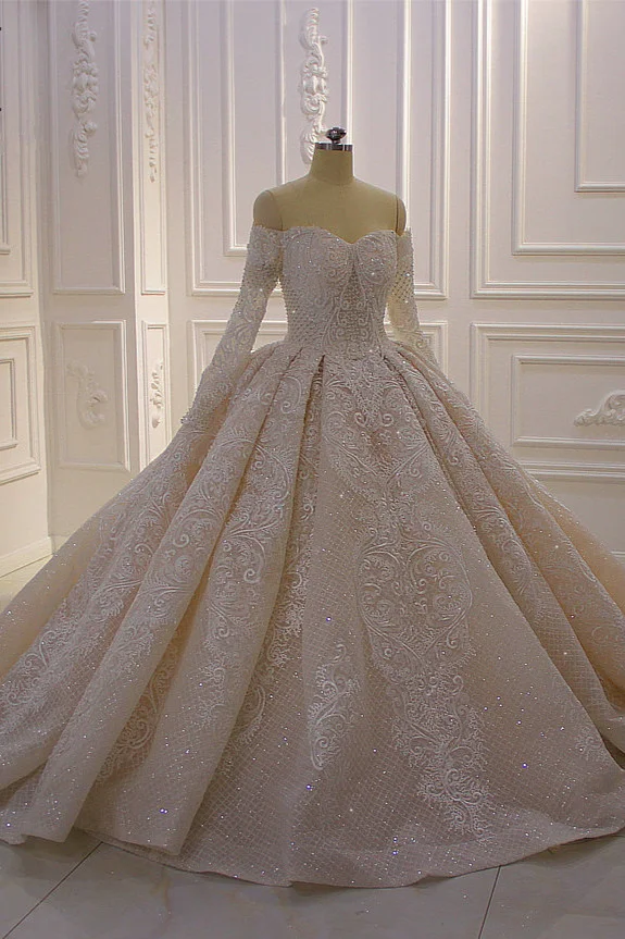 Off-The-Shoulder Long Sleeves Ball Gown Wedding Dress With Appliques Lace