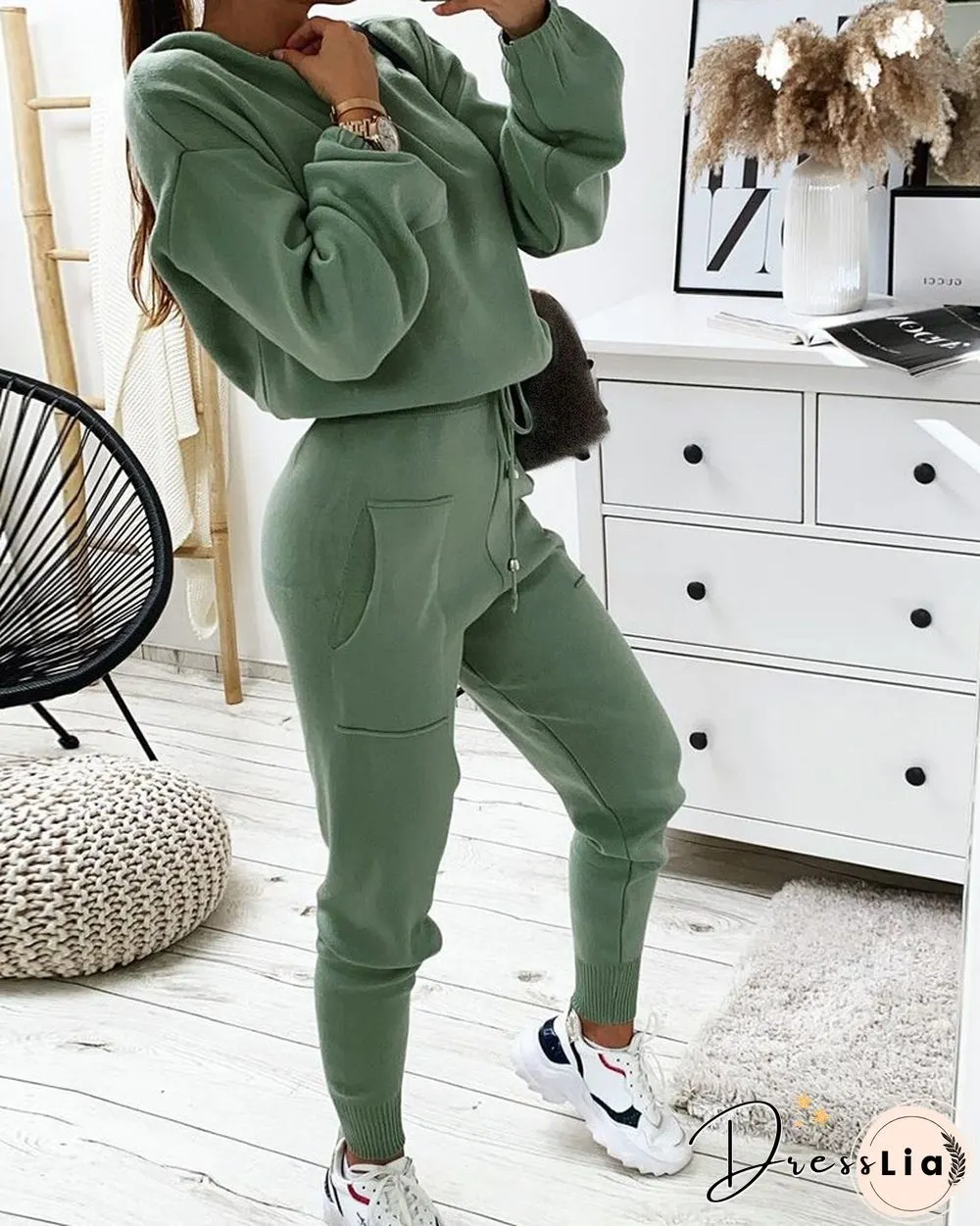 Plain Long Sleeve Top & Drawstring Pants Set