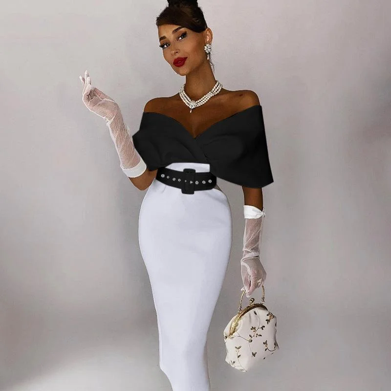 Stitching color off shoulder tie up waist formal dress-zachics