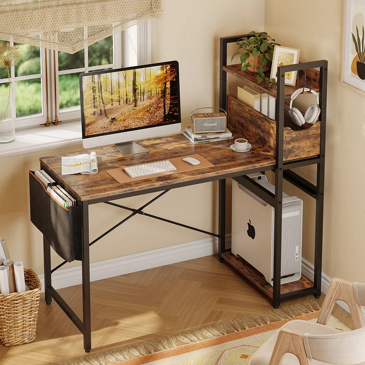 Computer Desk with LED Lights, Gaming Desk with 4 Tier Shelves, 44 Inch Office Desk with Storage Bag & Printer Shelf