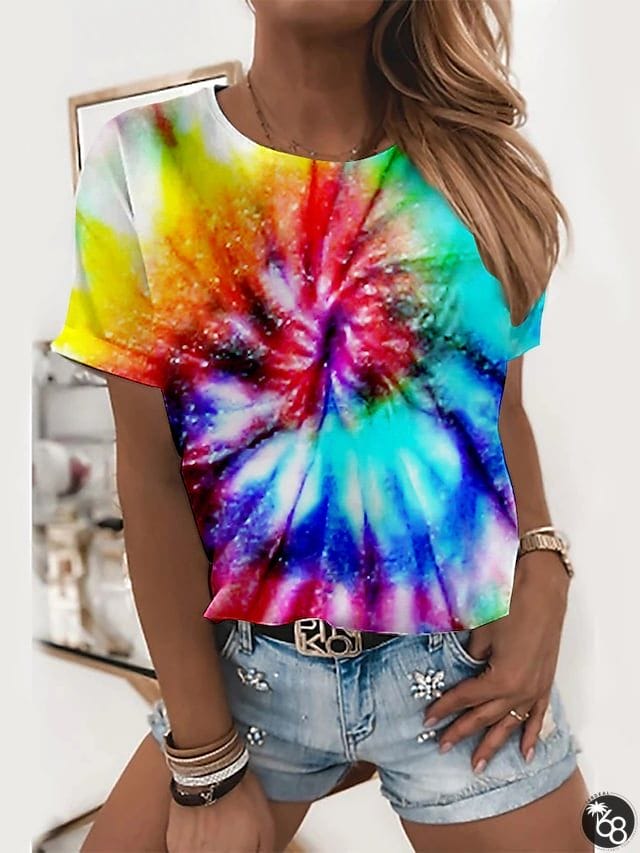 Women's T shirt Tee Yellow Red Blue Color Block Print Short Sleeve Daily Weekend Basic Round Neck Regular Abstract 3D Printed Geometric S | 168DEAL
