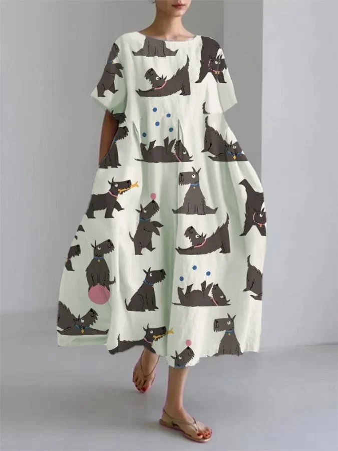 Women's Cute Puppy Print Short Sleeve Linen Blend Midi Dress