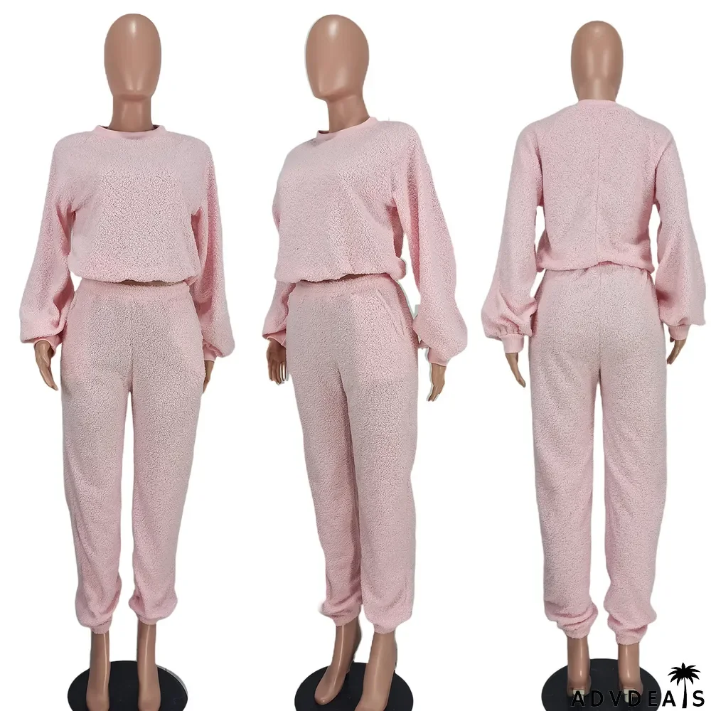 Fashion Casual Solid Color Fleece Two-piece Suit