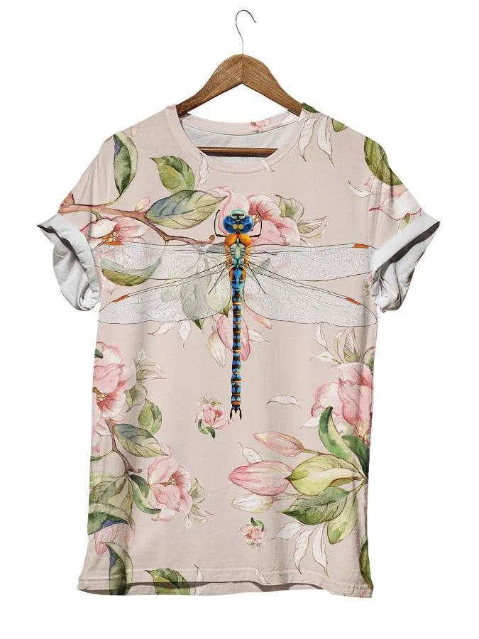 Casual pink dragonfly print crew neck top-Mayoulove