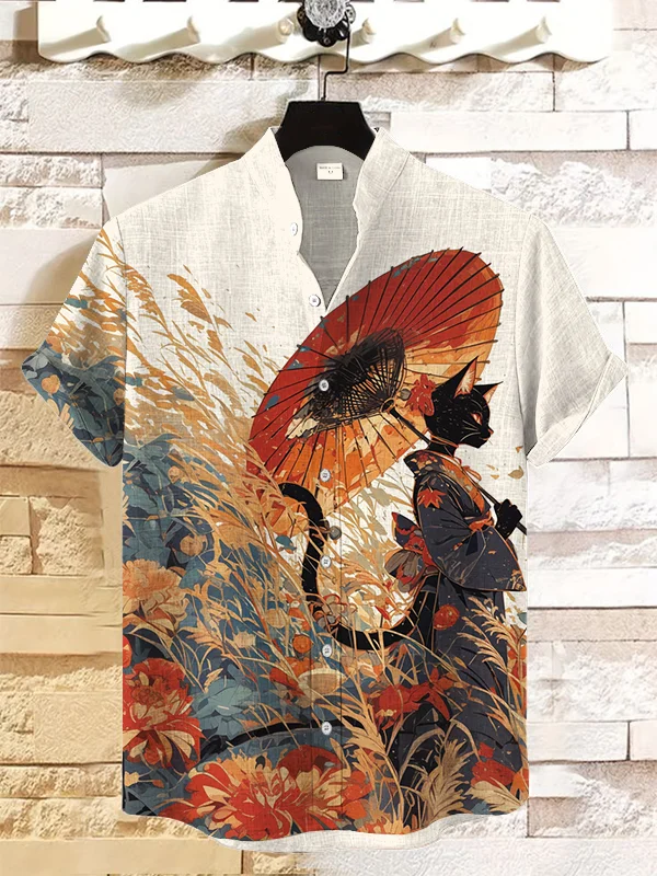 Men's Elegant Kimono Cat In Field Art Print Casual Shirt