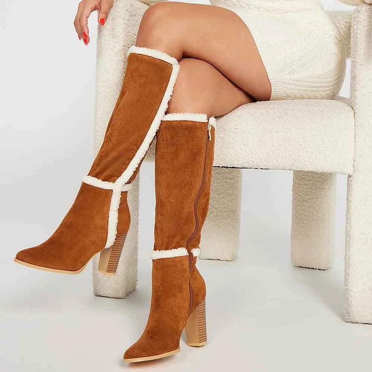 Brown Comfy Pointed Toe Shoes Block Heel Below the Knee Faux Fur Boots |FSJ Shoes