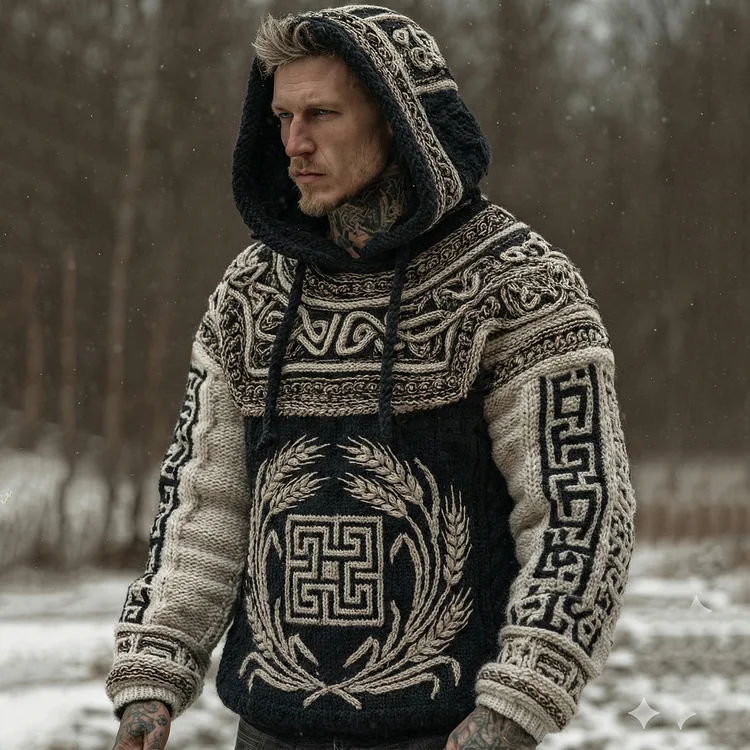 Men's Vintage Greek Key With Wheat Sheaf Art Pattern Casual  Cozy Knit Hooded Sweater