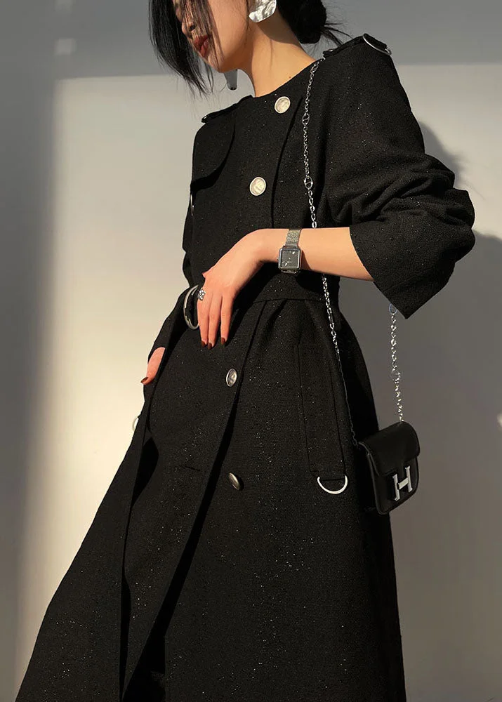 Modern Black O-Neck Sashes Original Design Wool Trench Long Sleeve
