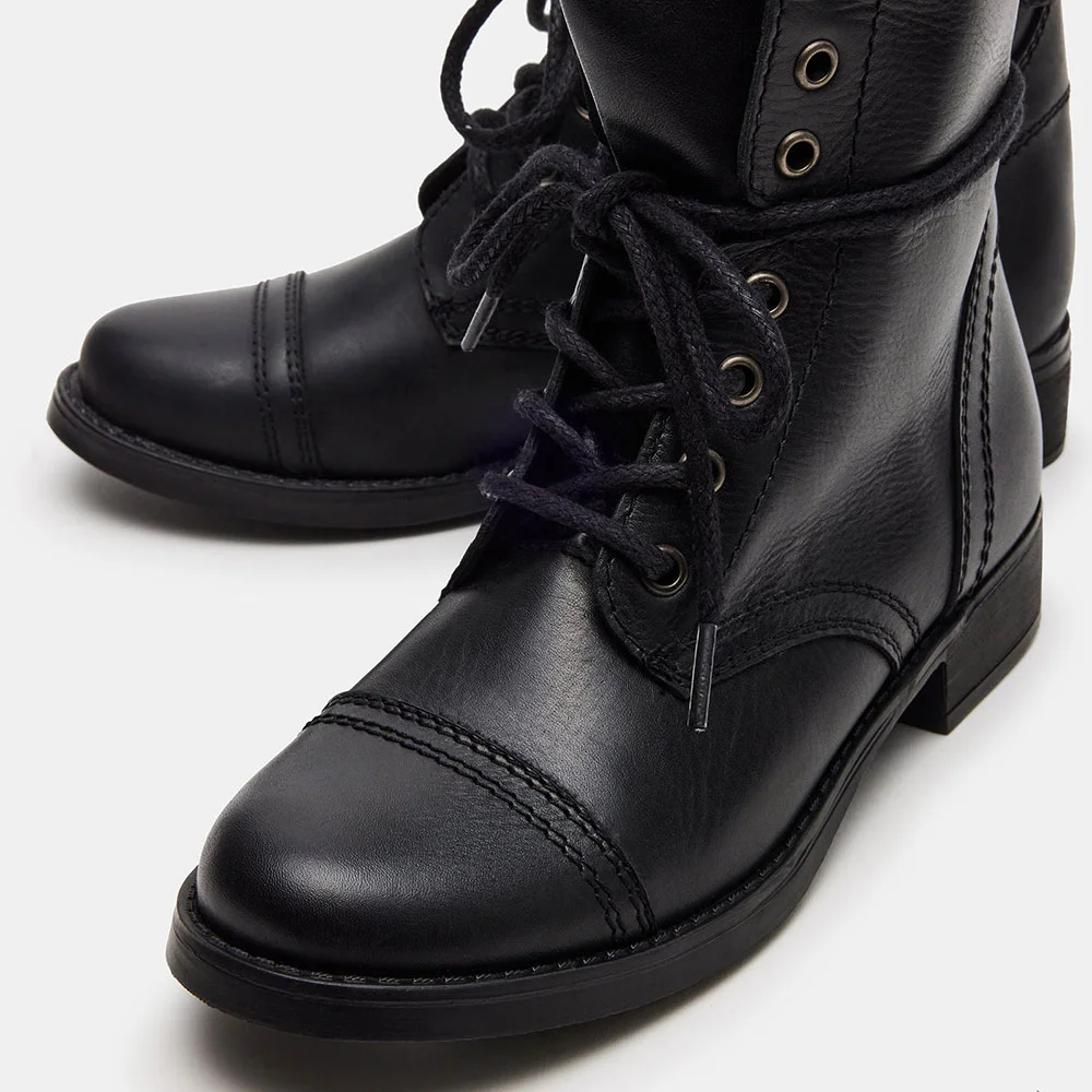Black Vegan Leather Round Toe Flat Lace Up Ankle Boots for Women
