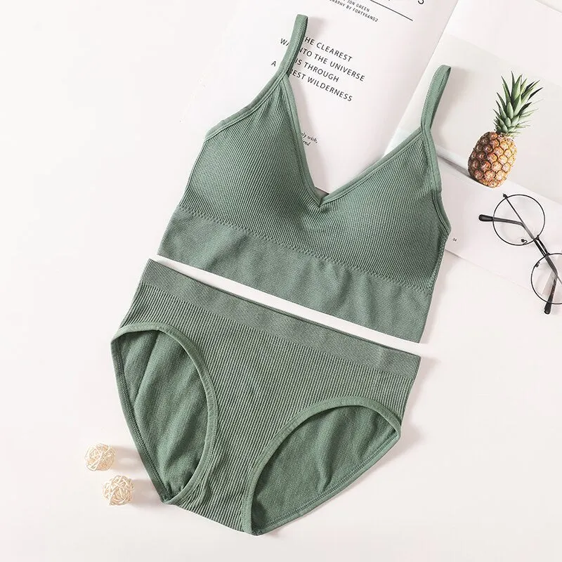 Women Bra Panties Set Seamless Bra Brief Cropped Cami Bralette Crop Top Brassieres Sexy Lingerie Active Bra Sport Underwear Set