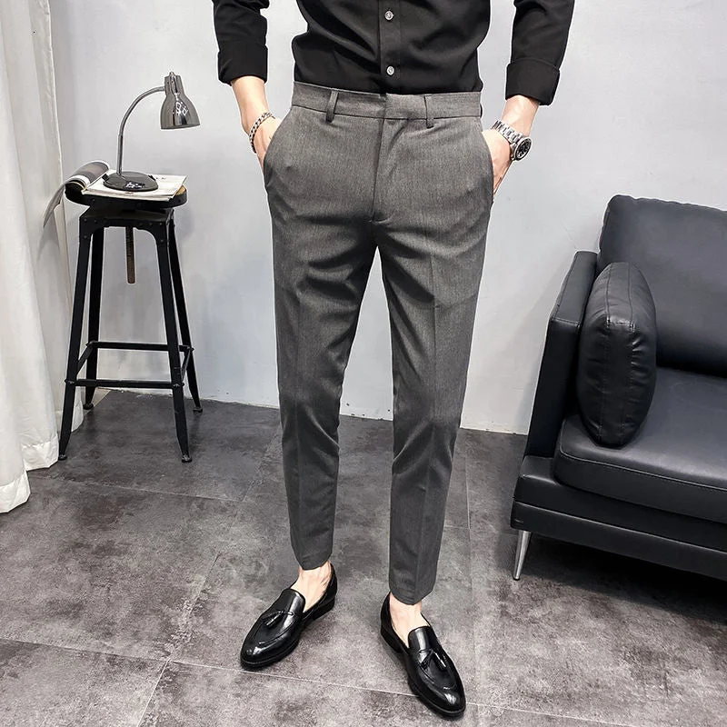 Trousers Men's Fashionable British Gray Solid Color Elastic Slim Fit Casual Pants Light Business The New Listing Fashion  Trend