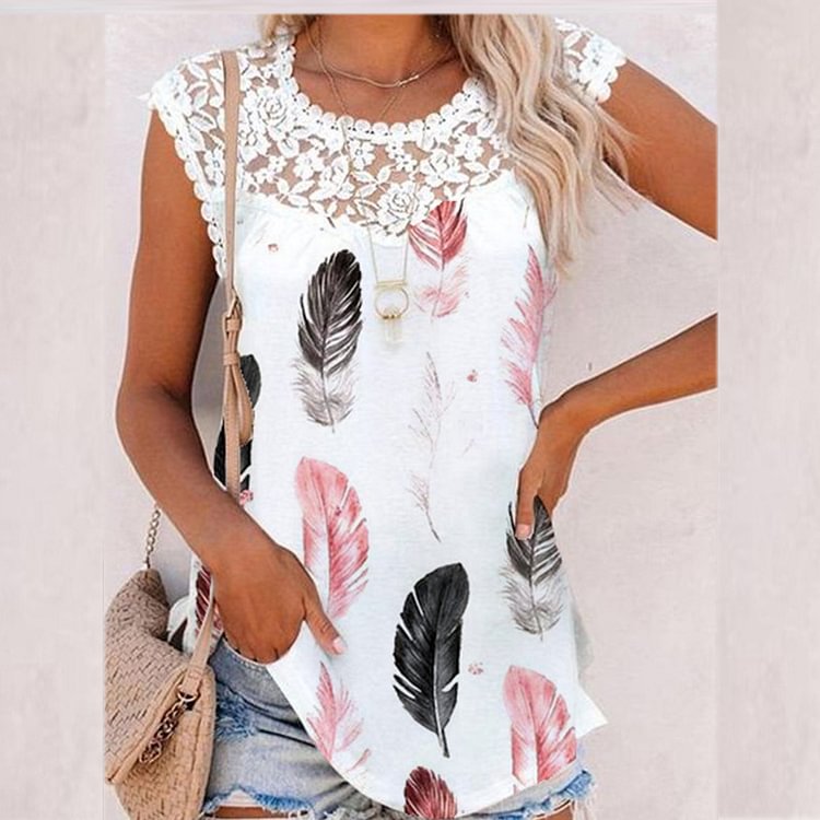 New Women's Lace Summer Tops Heart Feather Floral Print Lace Blouse