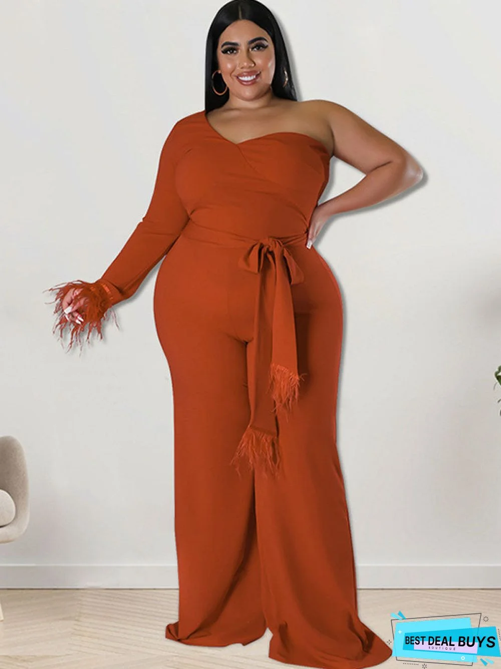 Plus Size One Shoulder Belted Wide Leg Jumpsuits