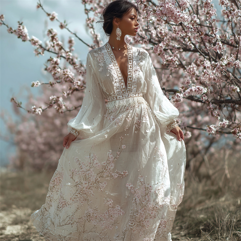 Classy Glitter Cherry Blossom Flowy Linen Maxi Dress elevenforest