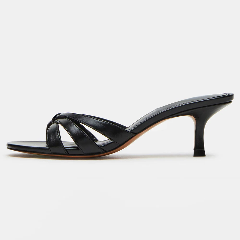 Black Crossed Strap Open Square Toe Spool Heel Slide Sandals Women
