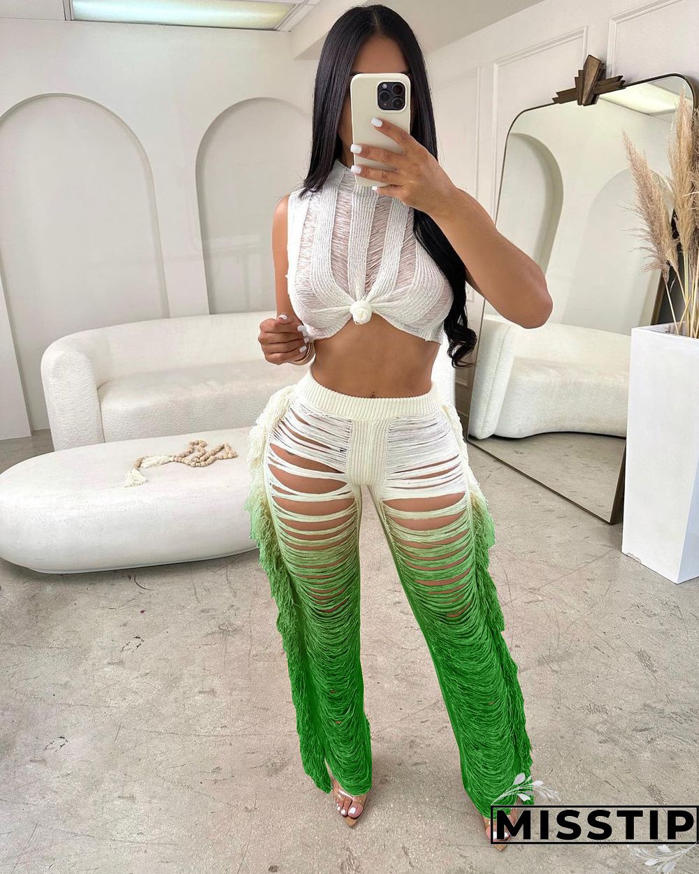 Gradient Knitted Tassel Two Piece Pants Set
