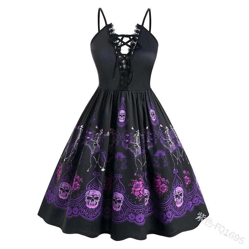 Halloween Dress Lace Deep V-Neck Gothic Skull Print Party Slip Dress