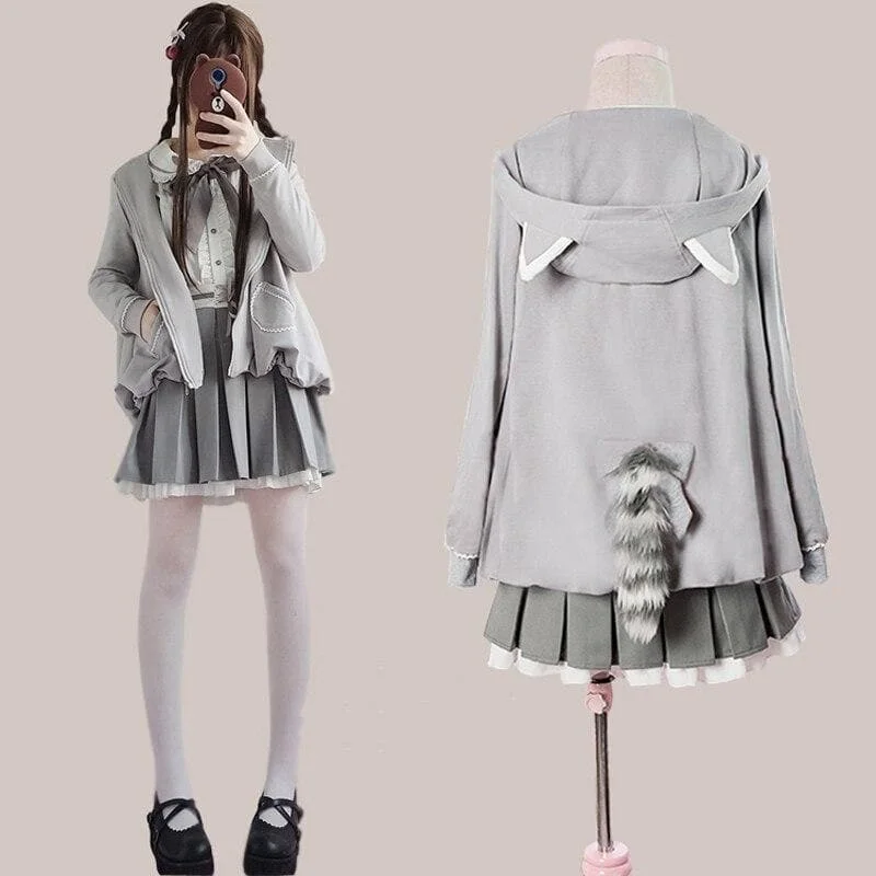 Kawaii Lolita Gray Coat +Gothic Blouse And Skirt Set Suit SP15098